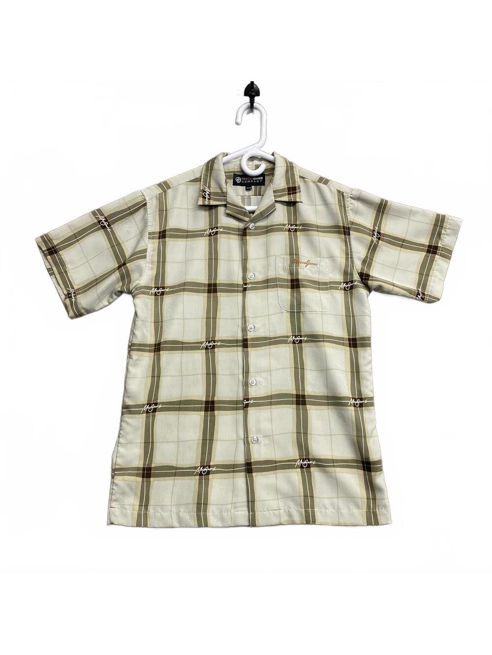 Vtg 90s Mecca Short Sleeve Button Up Shirt Beige Plaid Single Stitch Men's 14/16